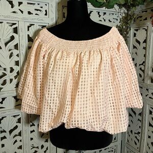 SHEIN PRETTY PEACHY PINK OFF SHOULDER WITH GRID PLAID PATTERN & PUFF SLEEVE TOP